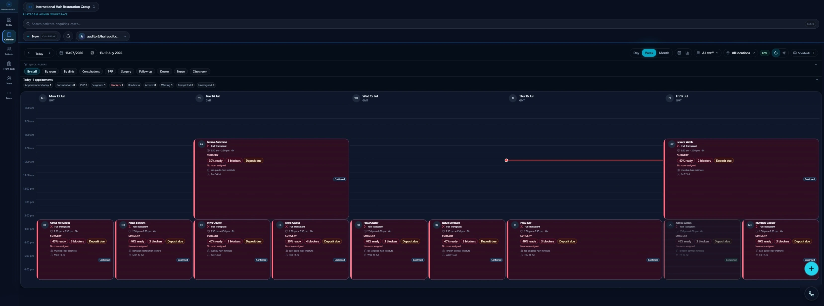 FI OS weekly clinic calendar showing scheduled consultations and surgery