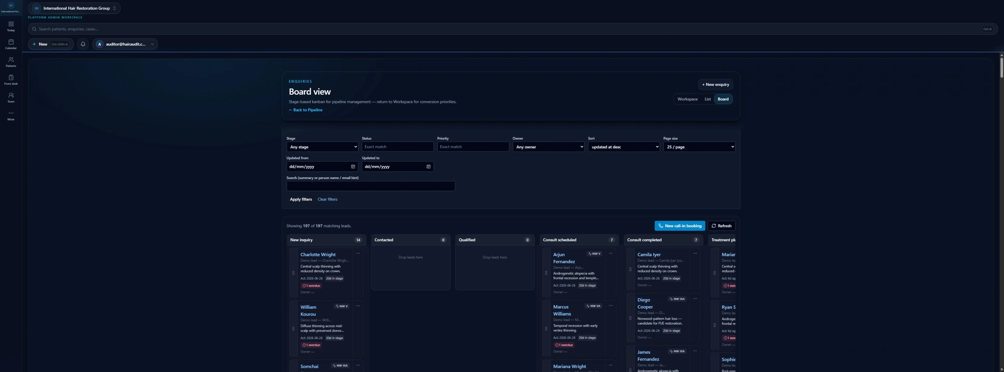 LeadFlow pipeline board showing enquiries moving through consultation stages