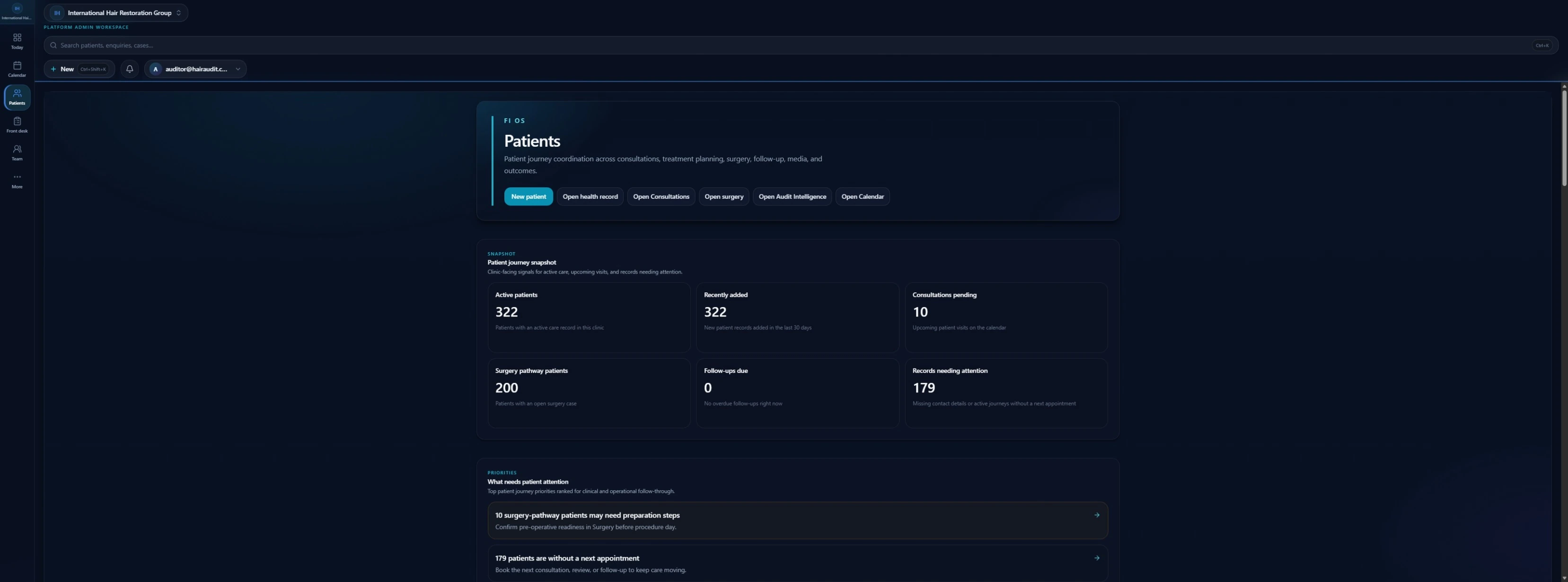 FI OS Patients workspace showing connected patient journey coordination